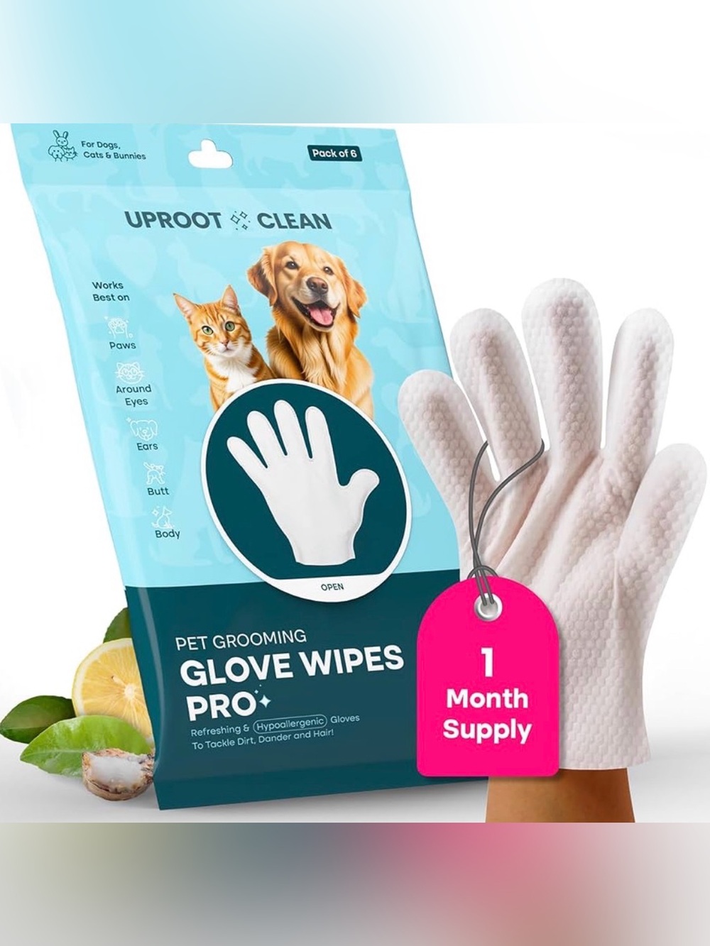 QuickClean Gloves Pro: 1 Month Supply - Extra-Thick Pet Glove Wipes - Dogs/Cats